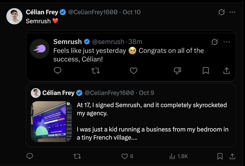 Réponse de Semrush : Feels like just yesterday, congrats on all of the success, Célian!